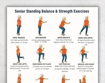 Senior Standing Exercise Chart, Balance & Strength Exercises for Seniors, 16 Standing Movements, Fitness Printable, Senior Workout Poster