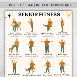 May include: A printable senior fitness guide with illustrations of various exercises, including chair squats, wall push-ups, and arm circles. The guide is designed for home use and includes instructions for each exercise.