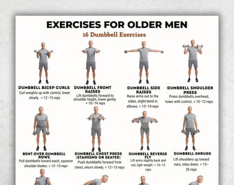 May include: A printable workout guide titled "EXERCISES FOR OLDER MEN" with 16 dumbbell exercises. The guide includes illustrations and instructions for each exercise, such as bicep curls, shoulder press, and shrugs. The document is available for instant download.