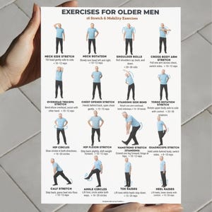 Printable exercise chart titled “Exercises for Older Men – 16 Stretch & Mobility Exercises.” The image shows an older man demonstrating standing stretch and mobility exercises including neck stretches, shoulder rolls, arm stretches, side bends, torso rotations, hip circles, leg stretches, ankle circles, toe raises, and heel raises. Each exercise is clearly illustrated with labels and repetition counts, designed for easy reference at home.