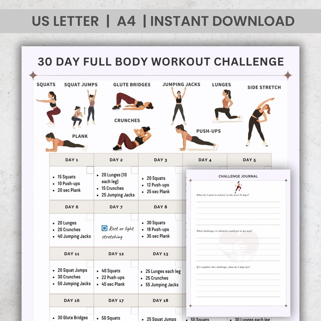 30 Day Full Body Workout Challenge Printable Chart | Home Fitness ...