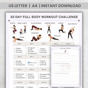 Könnte beinhalten: Ein druckbarer 30-Tage-Ganzkörper-Workout-Challenge mit Übungsillustrationen und einem Challenge-Journal. Der Trainingsplan umfasst Kniebeugen, Ausfallschritte, Liegestütze und Planks. Oben auf der Seite steht "US LETTER | A4 | INSTANT DOWNLOAD".