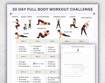 30 Day Full Body Workout Challenge Printable Chart | Home Fitness Planner Digital Download with Exercise Illustrations & Tracker PDF