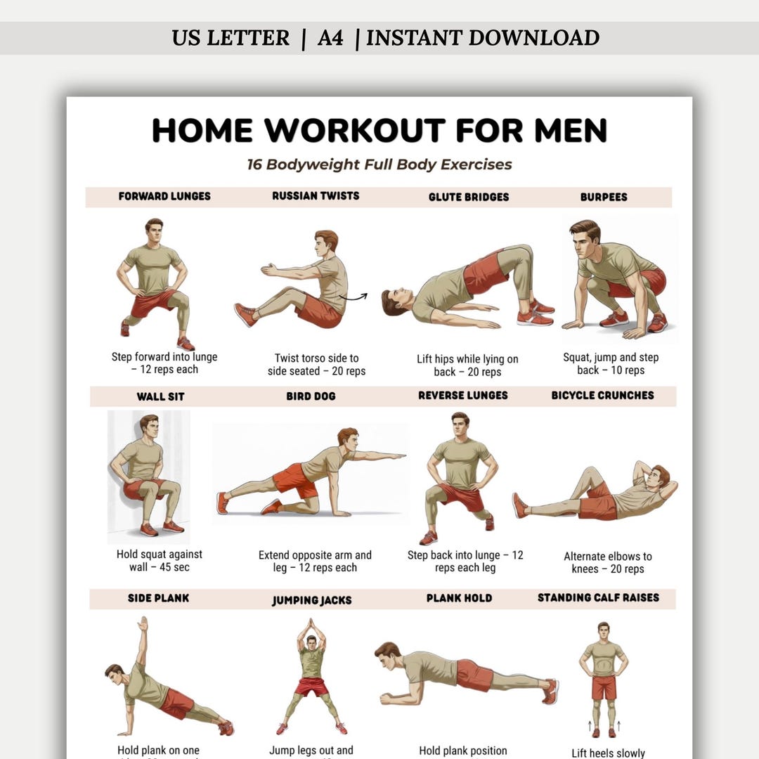 Bodyweight Home Workout for Men Printable, Full Body Workout Chart, No ...