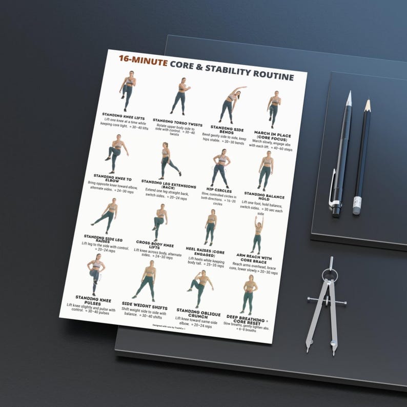 Core Stability Daily Routine 16-minute Standing Core Workout Poster | Core & Stability Exercise ...