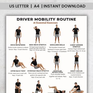 May include: A white and black infographic titled "DRIVER MOBILITY ROUTINE" with 16 essential exercises. The exercises include neck rotations, side neck stretch, shoulder rolls, chest opener stretch, upper back twist, overhead reach stretch, scapular retractions, and wrist circles.