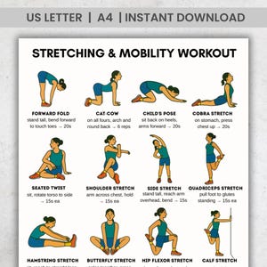 Stretching & Mobility Workout Printable Poster – 16 Flexibility Exercises | Stretching Chart A4  US Letter PDF | Home Gym Wall Decor
