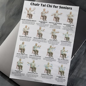 Printable Chair Tai Chi for Seniors poster showing seated Tai Chi exercises performed on a chair. The chart includes illustrated step-by-step movements such as Seated Opening Breath, Cloud Hands, Golden Rooster Lift, Seated Twist Flow, Floating Arms, Heel Lift Balance and Closing Calm Breath. Designed as a gentle seated balance and breathing routine for senior home practice in printable PDF format.