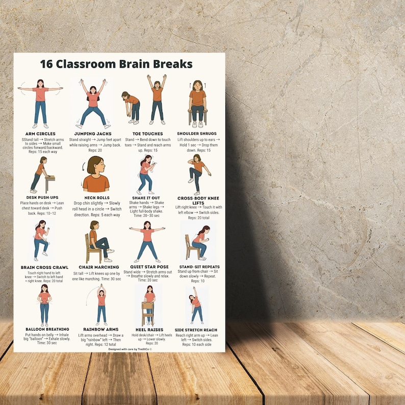 Classroom Brain Breaks Printable | 16 Kids Movement Exercises | A4 ...