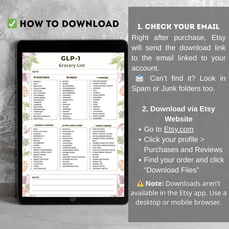 GLP-1 Grocery List printable showing a clean text-based shopping list organized into six food categories with multiple items per category. One-page printable grocery list designed for easy meal planning and shopping, suitable for printing on A4 or US Letter or for digital use.