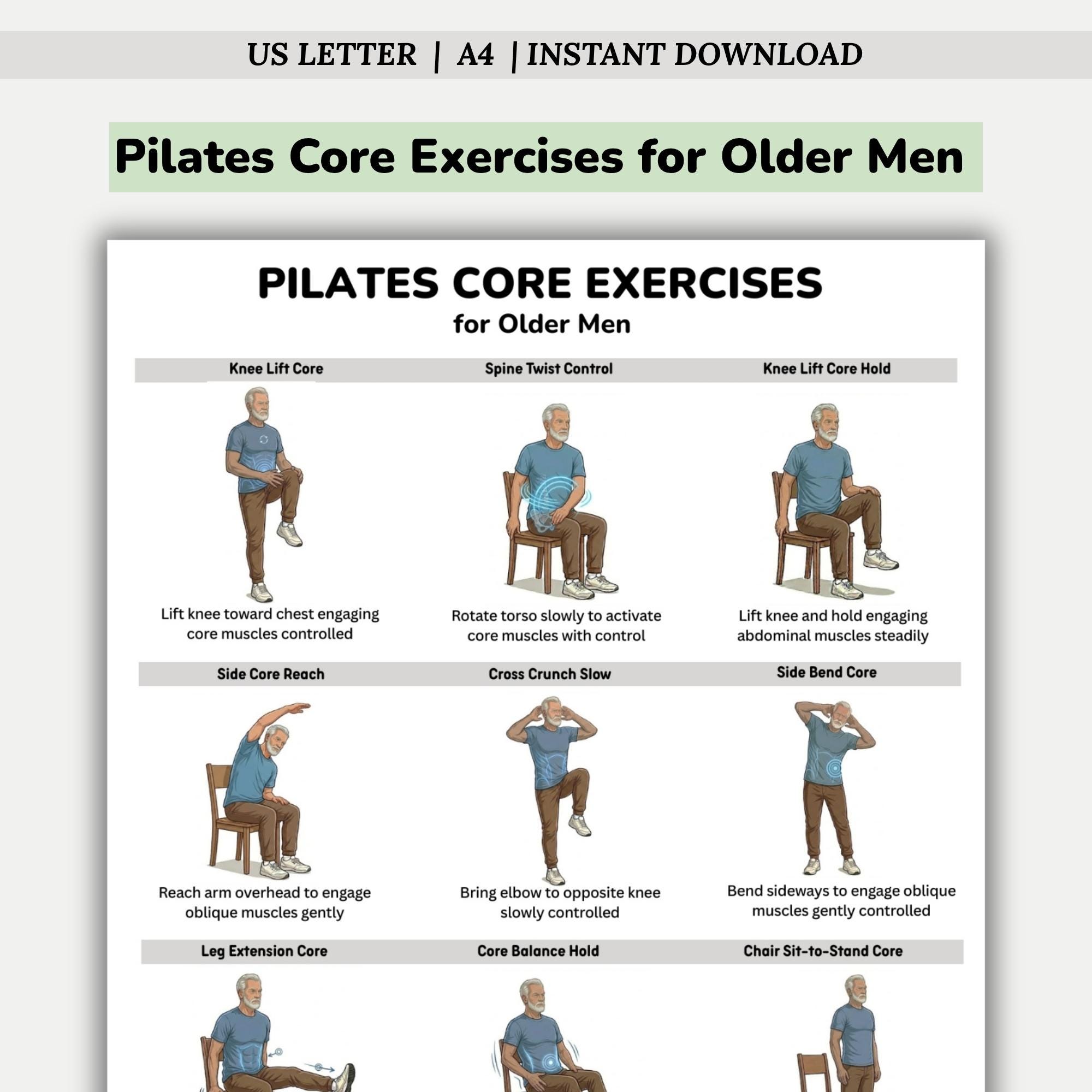 Pilates Core Exercises for Older Men Printable, Ab Workout Routine, Low ...