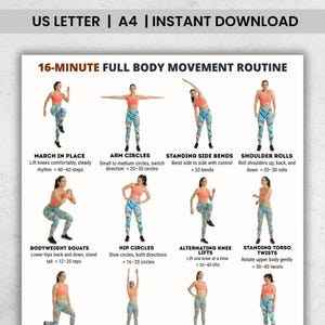 May include: A fitness guide with the text "16-MINUTE FULL BODY MOVEMENT ROUTINE" and exercise illustrations. Exercises include arm circles, squats, and torso twists. The guide is available for instant download in US Letter and A4 sizes.