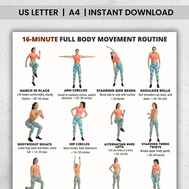 May include: A fitness guide with the text "16-MINUTE FULL BODY MOVEMENT ROUTINE" and exercise illustrations. Exercises include arm circles, squats, and torso twists. The guide is available for instant download in US Letter and A4 sizes.