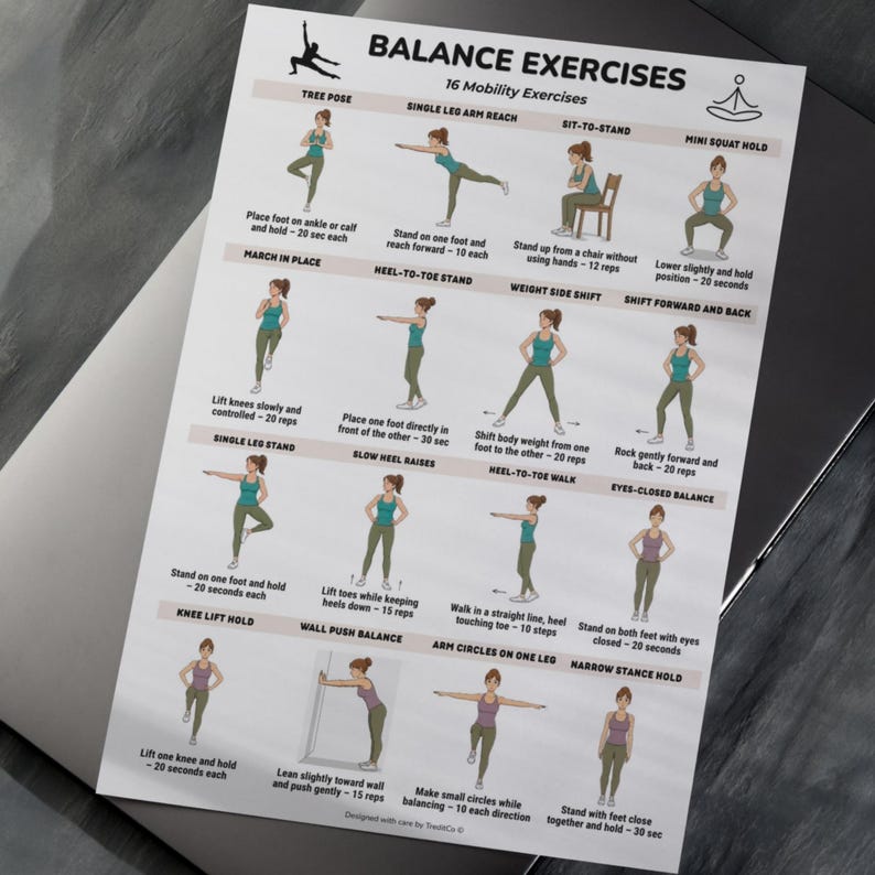 Balance Exercises Printable Chart, Balance Training Workout Poster ...