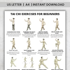 Może przedstawiać: Drukowany przewodnik zatytułowany "Ćwiczenia Tai Chi dla początkujących" z ilustracjami różnych pozycji Tai Chi. Przewodnik zawiera instrukcje dla każdego ćwiczenia, takie jak "Rozpoczynanie formy" i "Rozdzielanie grzywy dzikiego konia".
