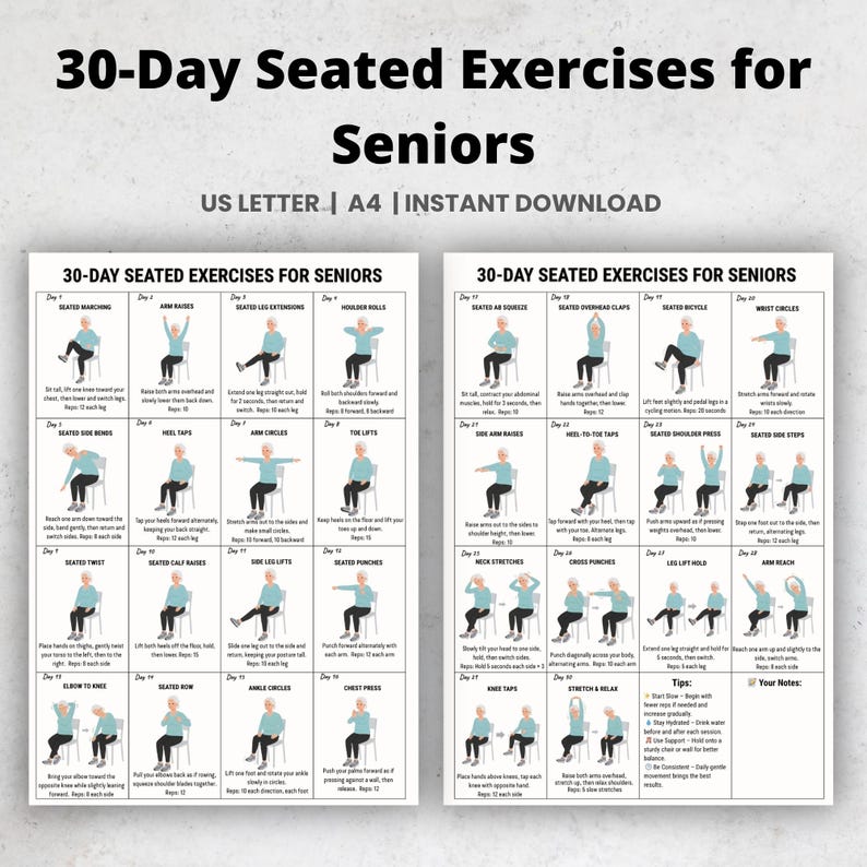 Edailt Exercise Routine Seated Exercise Printable for Seniors | 30 Day Chair Workout Plan | Low ...