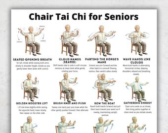 Póster imprimible de Tai Chi en silla para personas mayores (PDF), ejercicios de Tai Chi sentado, tabla de ejercicios de equilibrio y ejercicios suaves en casa