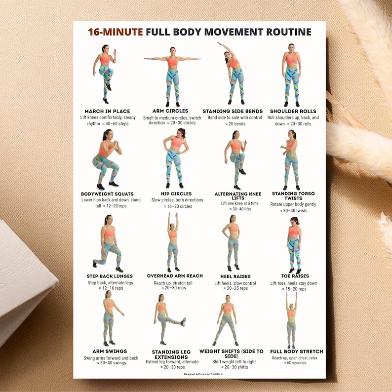 May include: A white poster detailing a 16-Minute Full Body Movement Routine. The routine includes exercises such as arm circles, squats, and leg extensions. Each exercise is demonstrated with a person and includes the number of reps.