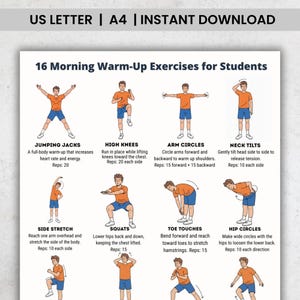 May include: A printable poster with 16 morning warm-up exercises for students. Each exercise is illustrated with a stick figure demonstrating the movement, such as jumping jacks, high knees, and arm circles. The text includes exercise names and rep counts.
