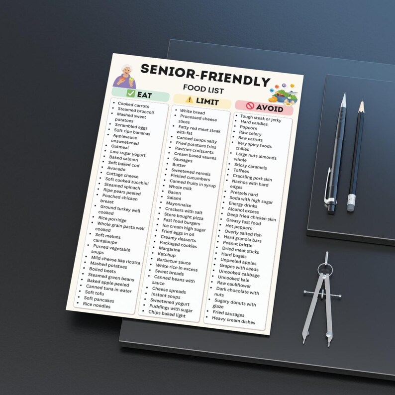 A printable Senior‑Friendly Food List chart with three columns labeled Eat, Limit, and Avoid, featuring soft foods, low sodium options, and easy‑to‑digest meals on a clean minimal background.