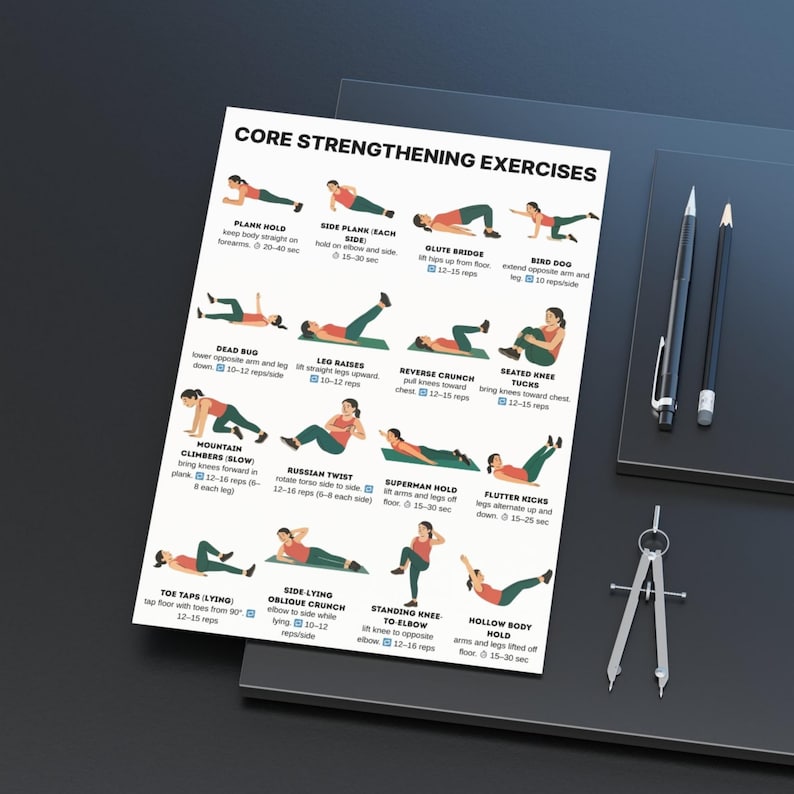 Flat-style digital illustration of a woman demonstrating core strengthening exercises at home, fitness workout poster, no equipment required.