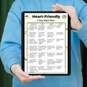 Heart Friendly 7 Day Meal Plan | Low Sodium Foods | Cholesterol Diet Plan | Printable PDF | Instant Download | US Letter A4