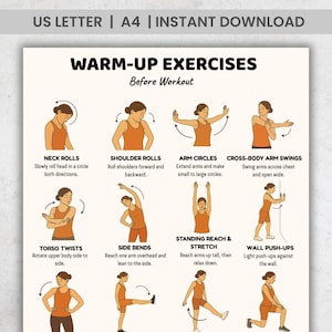 May include: A printable guide featuring warm-up exercises such as neck rolls, shoulder rolls, arm circles, and torso twists. The guide also includes side bends, standing reach and stretch, and wall push-ups. The text at the top reads "US LETTER | A4 | INSTANT DOWNLOAD".