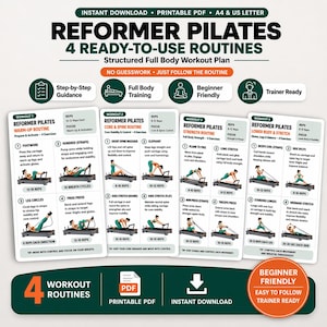 Reformer Pilates Workout Plan Printable PDF | 4 Full Body Routines | Beginner Pilates Program | Core Strength Pilates Guide Trainer