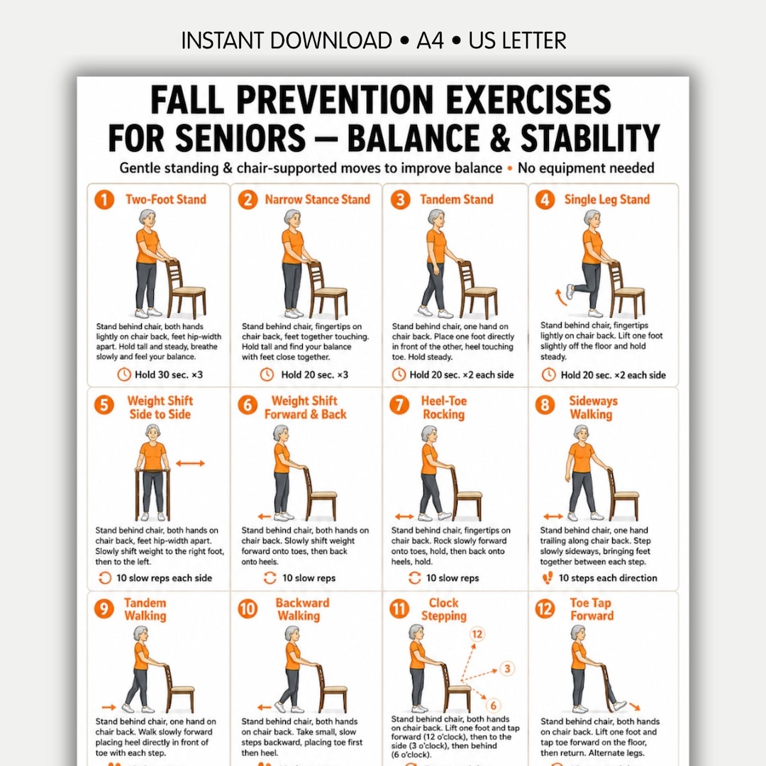 Fall Prevention Exercises for Seniors Printable PDF — 16 Gentle Balance ...