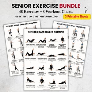 Può includere: Un pacchetto di tabelle di esercizi stampabili per anziani. Le tabelle includono routine per esercizi a muro, esercizi con rullo in schiuma ed esercizi con mini palla. Il pacchetto include 48 esercizi e 3 tabelle di allenamento. Il testo sull'immagine dice "Senior Exercise Bundle".