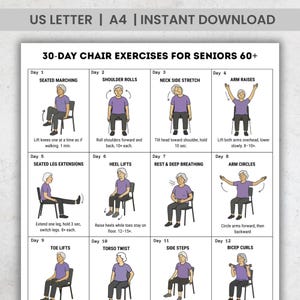 Peut inclure: Un tableau d'exercices imprimable intitulé "30-Day Chair Exercises for Seniors 60+". Le tableau présente des illustrations d'exercices comme la marche assise, les rotations des épaules et les élévations des bras. Le texte "US LETTER | A4 | INSTANT DOWNLOAD" est en haut.