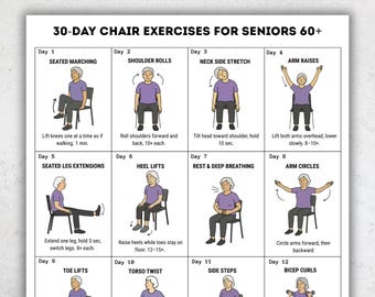 Esercizi sulla sedia per 30 giorni per anziani over 60 / Piano di allenamento per equilibrio e mobilità / Tabella degli esercizi stampabile per anziani in formato PDF