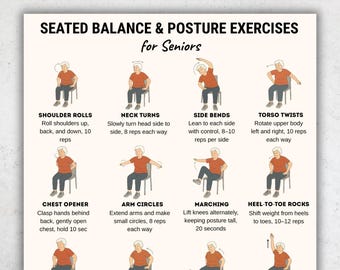 Seated Balance & Posture Exercises for Seniors Printable PDF | Chair Workout Routine | Elderly Low Impact Home Exercise Chart