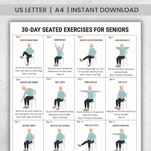 Peut inclure: Un tableau d'exercices imprimable intitulé "30 jours d'exercices assis pour les seniors". Le tableau présente des illustrations de divers exercices assis, notamment des élévations des bras, des extensions des jambes et des levées d'orteils, avec des instructions et des décomptes de répétitions.