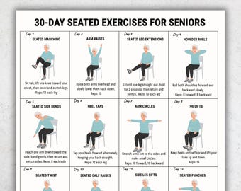 Seated Exercise Printable for Seniors | 30 Day Chair Workout Plan |  Low Impact Workout Routine | Daily Senior Fitness Program