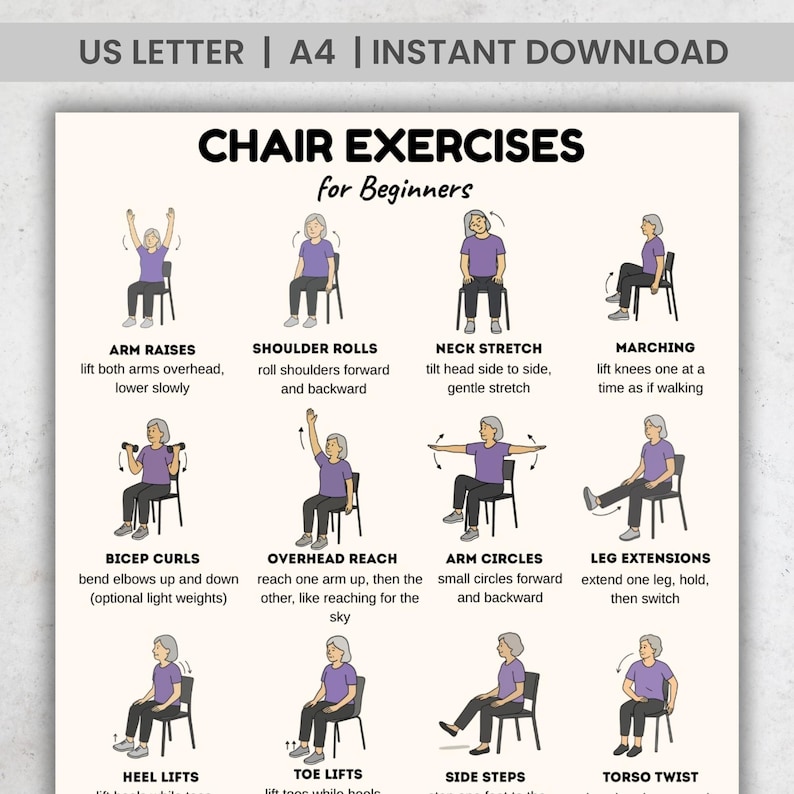 Chair Exercises for Beginners 16 Moves, Seated Exercise Plan PDF ...