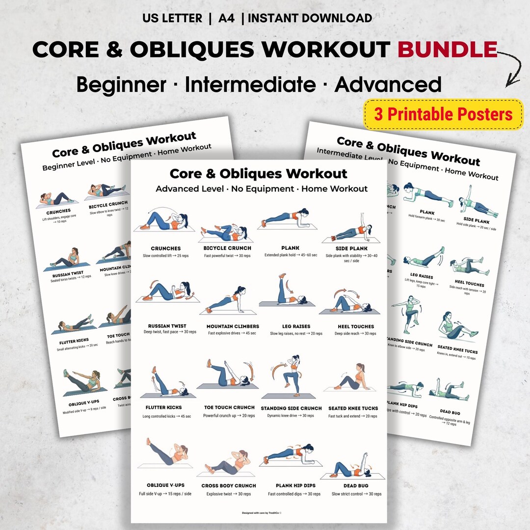 Core & Obliques Workout Bundle, Beginner to Advanced, Abs Workout at ...