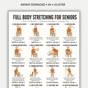 Könnte beinhalten: Ein weißes Poster mit schwarzem Text mit dem Titel "FULL BODY STRETCHING FOR SENIORS". Es zeigt illustrierte Übungen mit Anweisungen, einschließlich sitzender und stehender Dehnübungen. Das Poster ist für Senioren-Fitnessroutinen konzipiert.