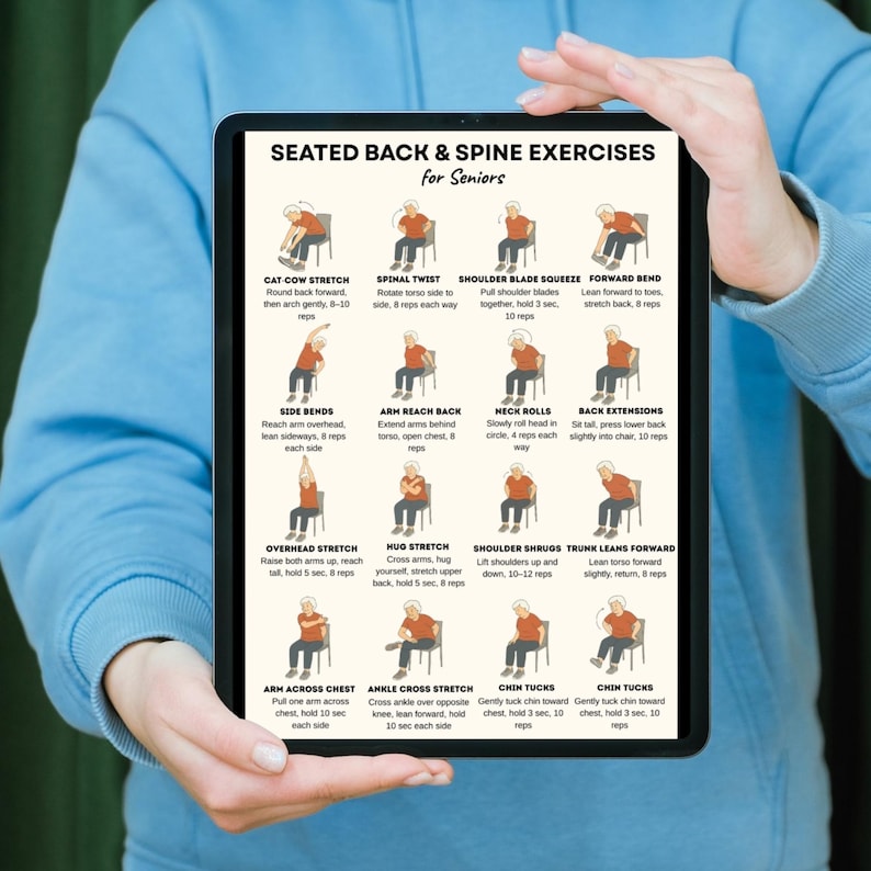 Seated Back & Spine Exercises for Seniors Printable Chart | Chair ...