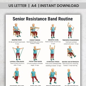 May include: A printable guide titled "Senior Resistance Band Routine" with illustrations of exercises. The exercises include seated row, chest press, bicep curl, triceps pushdown, lateral arm raise, front arm raise, overhead press, and seated leg extension.