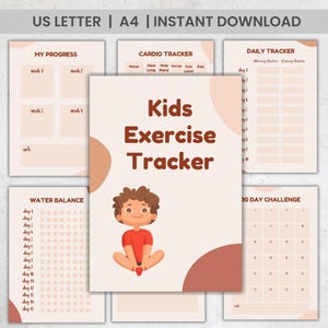 May include: A printable Kids Exercise Tracker with various sections, including a cardio tracker, daily tracker, and 30-day challenge. The design features a cartoon illustration of a child and is available for instant download.