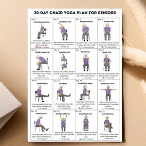 30-day printable chair yoga plan for seniors with simple seated exercises in visual format