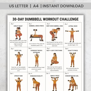 May include: A printable 30-day dumbbell workout challenge guide. The white background features illustrations of exercises like goblet squats, bench press, and bicep curls. Text includes exercise names, instructions, and sets/reps. "US LETTER | A4 | INSTANT DOWNLOAD" is at the top.