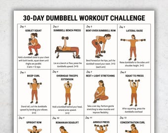 Desafío de entrenamiento con mancuernas de 30 días (PDF imprimible) / Plan de entrenamiento en casa / Programa de entrenamiento de fuerza corporal completo / Guía de ejercicios