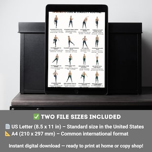 K&ouml;nnte beinhalten: Ein digitaler Download mit einer 10-min&uuml;tigen Core- und Stabilit&auml;tsroutine auf einem Tablet. Die Routine umfasst illustrierte &Uuml;bungen. Das Bild enth&auml;lt auch Text, der zwei Dateigr&ouml;&szlig;en angibt: US Letter (21,6 x 27,9 cm) und A4 (21,0 x 29,7 cm).