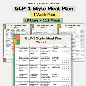 GLP-1 Matplan 4 veckor utskrivbar pdf, GLP-1-stil matplan, GLP-1 veckovis matplan, 28-dagars matplan A4 US Letter