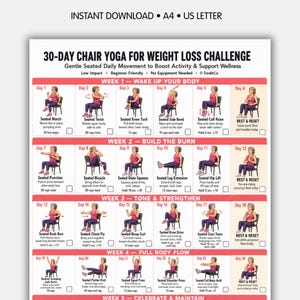 May include: A 30-day chair yoga for weight loss challenge chart featuring illustrated figures in pink shirts and purple leggings performing various seated exercises. The document includes daily movement instructions, checkboxes, and weekly headers.