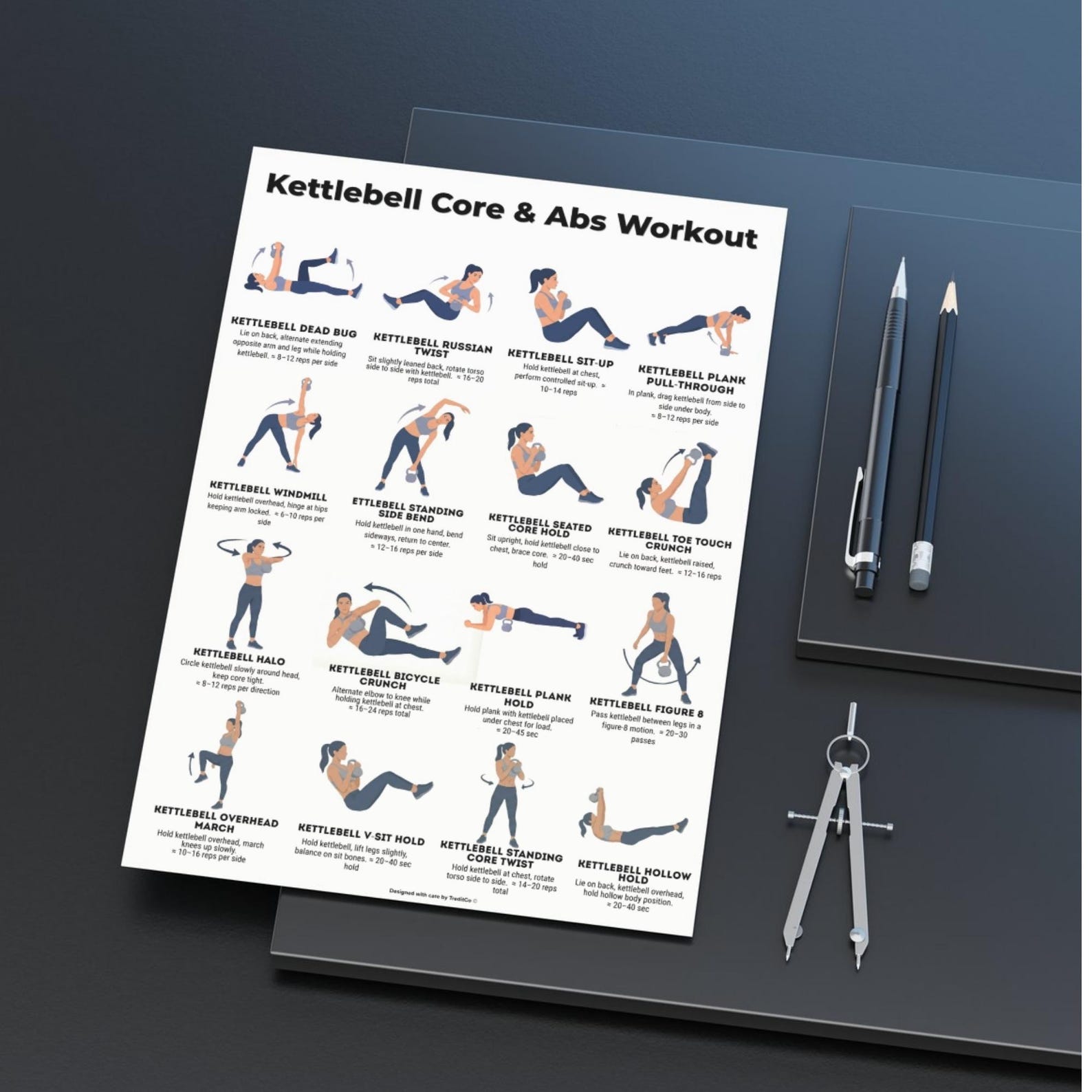 Kettlebell Core & Abs Workout Printable, Kettlebell Ab Exercises Chart ...