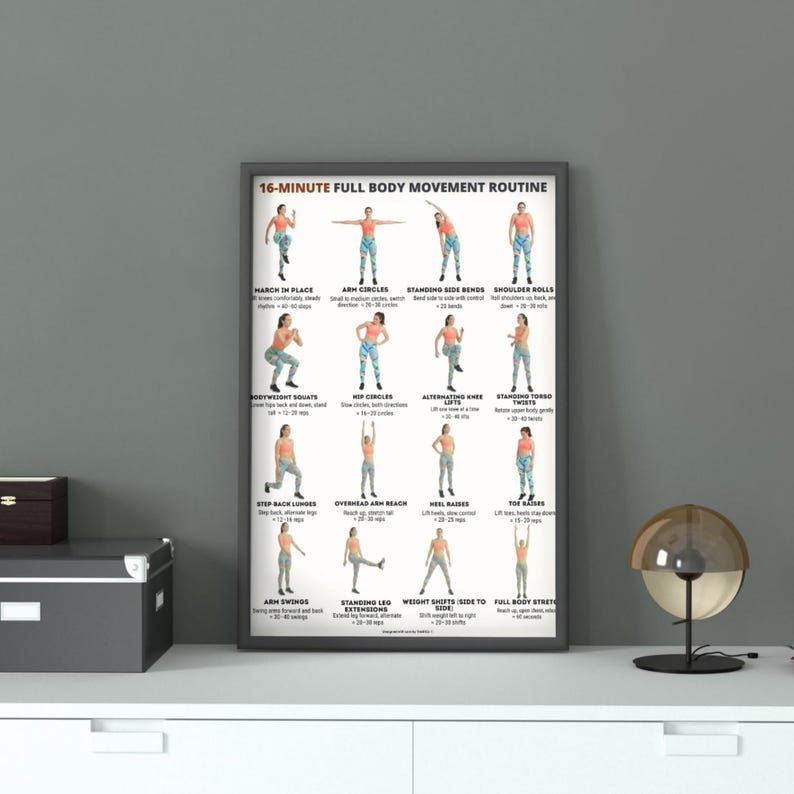 May include: A framed poster with a black border displays a 16-Minute Full Body Movement Routine. The poster features illustrations of various exercises, including arm circles, squats, and stretches. The poster is on a white surface.