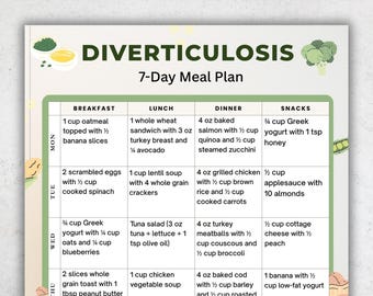 May include: A printable 7-day meal plan for diverticulosis, featuring a detailed daily menu with breakfast, lunch, dinner, and snack options. The plan includes specific food quantities, such as 1 cup of oatmeal and 4 oz of baked salmon.
